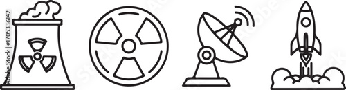 Set of Outline Icons: Nuclear Power Plant, Radiation Warning, Satellite Dish, and Rocket Launch