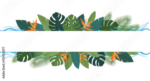 Tropical paradise nature leaves and exotic flowers frame with wavy water accents.