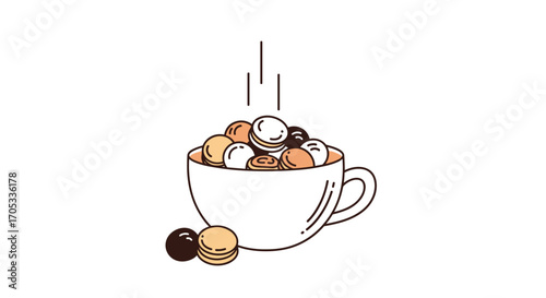 A delightful cup filled with various small sweet pastries and some falling from above.