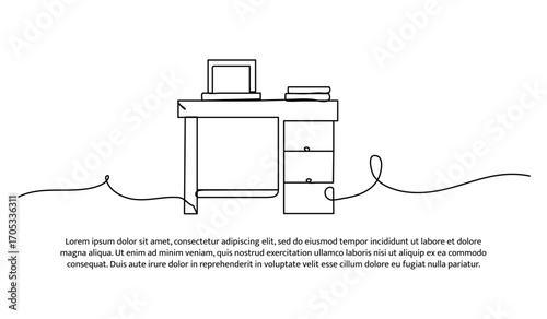 One line of work desk and drawer shelves. Abstract minimal continuous line.