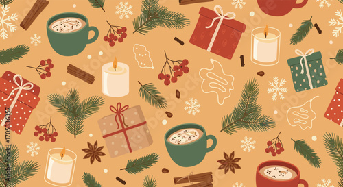 Cozy winter holiday seamless pattern with hot drinks gifts and festive decorations.