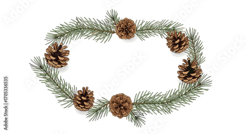 A festive oval wreath made from evergreen branches and pine cones on a white background.