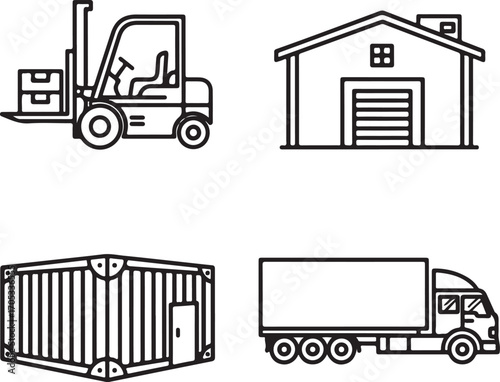 Logistics and Supply Chain Icons: Forklift, Warehouse, Shipping Container, and Delivery Truck