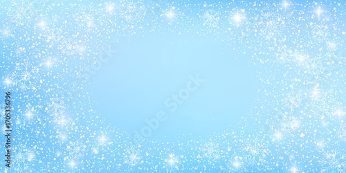Magical winter frozen effect background with falling snow and sparkling snowflakes. This festive blue and white frame is perfect for cards, banners design