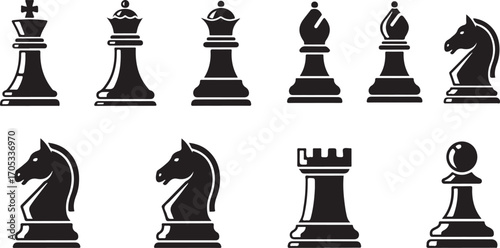 Classic Black Chess Pieces Collection on White Background