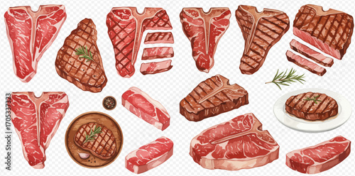 An assortment of raw and grilled beef steaks, including T-bone cuts, showcasing various preparations and garnishes.