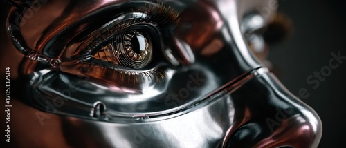 An advanced robot face exhibits hyper-realism, with a reflective surface that captures its surroundings clearly, highlighting intricate details and lifelike expressions
