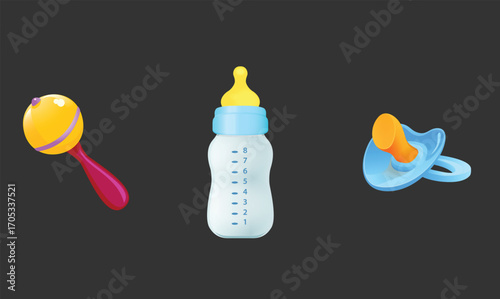 Flat design illustration of baby elements including a sucker, baby bottle, and shaker, symbolizing infant care, essentials, and nurturing in a soft, playful, and minimalist style.