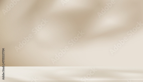 Background Beige Wall with Shadow,Light.Studio Room and 3d Podium for Cosmetic Product,White light on Empty Interior Kitchen.Backdrop Banner Cream Color with Blur Sunlight Texture on Floor