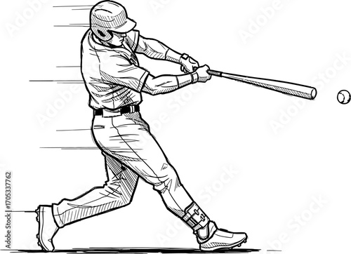 Baseball player in uniform powerfully swinging a bat towards a ball is rendered in a detailed black and white sketch illustration style, ideal for sports related media.