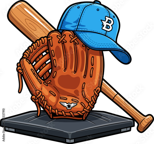 Baseball glove, bat, and blue cap arranged on gray base create a dynamic still life, evoking energy and anticipation, ideal for sports themed designs and recreational activities.