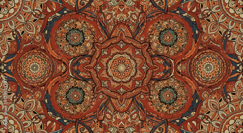 Intricate Persian rug design featuring a central medallion and ornate border patterns.