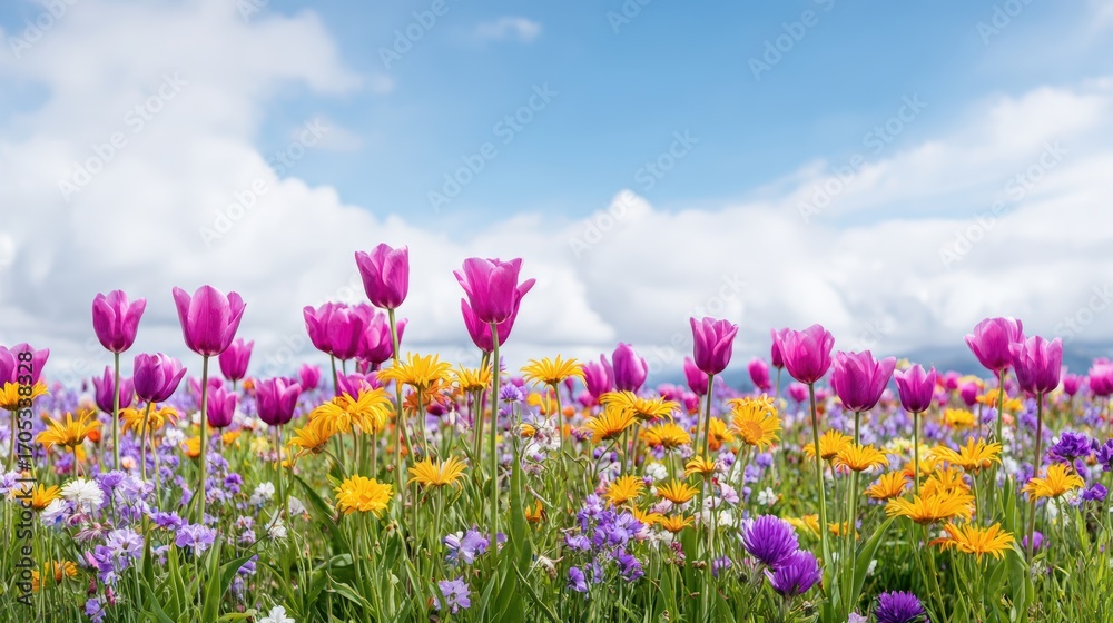 Fototapeta premium Vibrant field of blooming flowers featuring pink tulips, yellow daisies, and purple blossoms under a bright blue sky with fluffy clouds, showcasing the beauty of nature in springtime