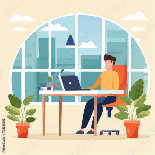 Work in office and home on computer and laptop. Vector minimalistic modern abstract illustration