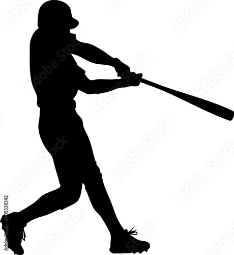 Baseball player in silhouette powerfully swinging a bat against a clean white background, creating a bold and dynamic action shot suitable for sports marketing and promotional materials.