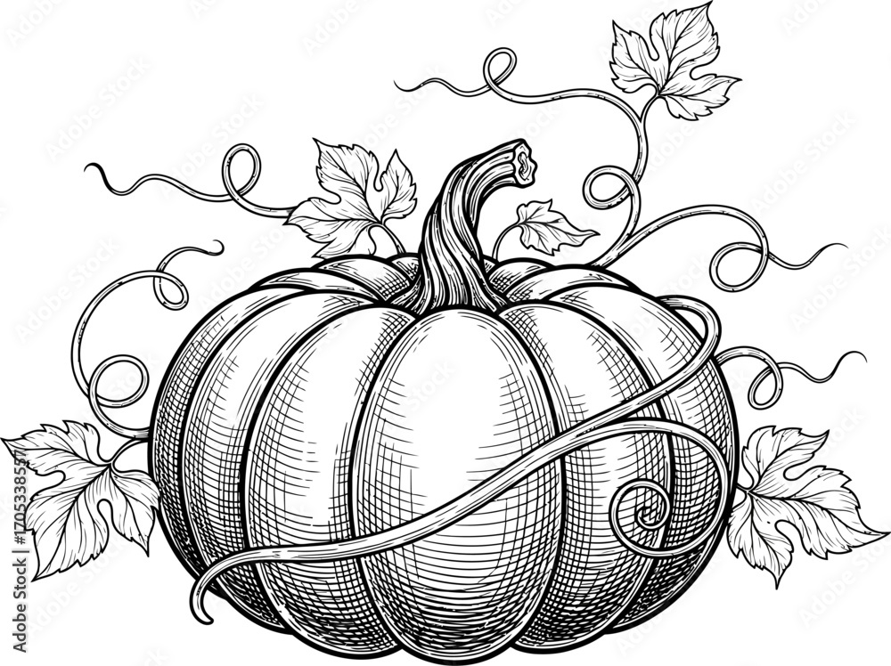 custom made wallpaper toronto digitalDetailed black and white drawing shows a pumpkin with leaves and curling vines on a white background creating a vintage, hand-drawn aesthetic perfect for seasonal decor or craft projects.