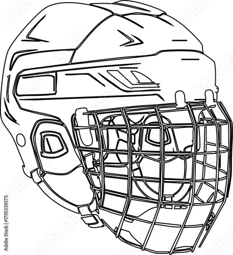 Detailed black and white line art depicts a hockey helmet featuring a wire face mask, rendered in a simple style against a stark white backdrop for sport equipment illustrations.