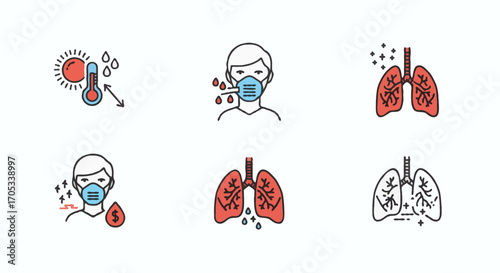 Medical line art icons illustrating symptoms of respiratory disease and lung infection