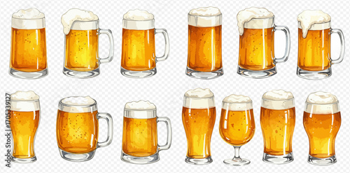 A collection of various beer glasses and mugs filled with golden lager and frothy white foam.