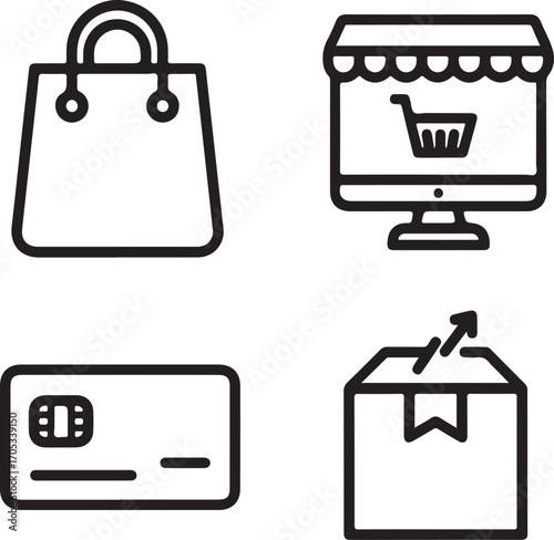 E-commerce and Shopping Line Icons Set: Shopping Bag, Online Store, Payment Card, and Delivery Box