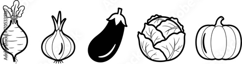 Assortment of black and white vegetable icons including beet, onion, eggplant, cabbage, and pumpkin, displayed against a plain white background, ideal for food-related projects and culinary designs.