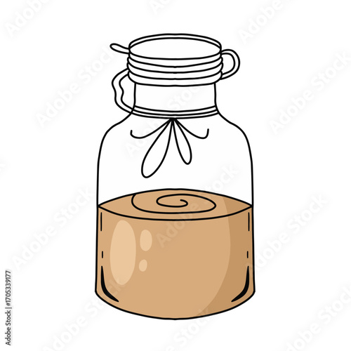 Hand drawn stylish and attractive jar filled with brown liquid, decorated with thread decoration