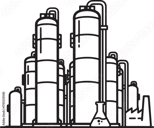 Line Art Illustration of an Industrial Chemical Plant or Oil Refinery with Processing Towers and Flask