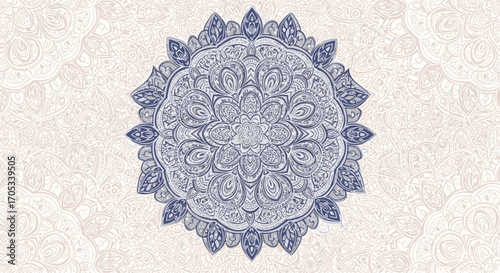 A detailed blue circular floral mandala pattern with intricate details on a beige background with subtle lace accents.