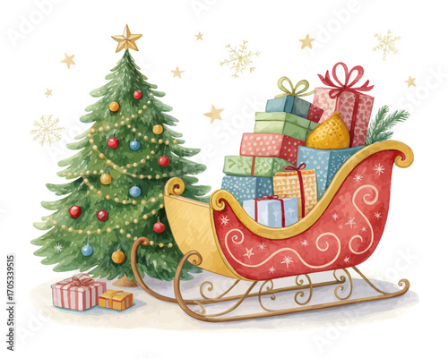 Watercolor Sleigh with Presents and Christmas Tree vector illustration isolated on white background
