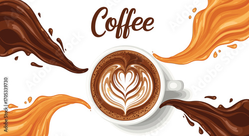 A delicious hot cup of coffee with beautiful latte art surrounded by splashes of coffee and milk.