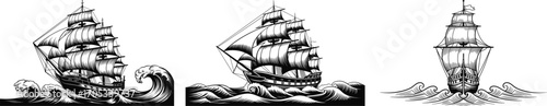 Three detailed black and white illustrations of vintage sailing ships at sea