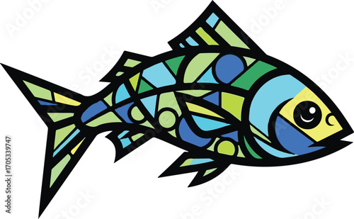 Vibrant Stained Glass Style Fish Illustration with Geometric Shapes