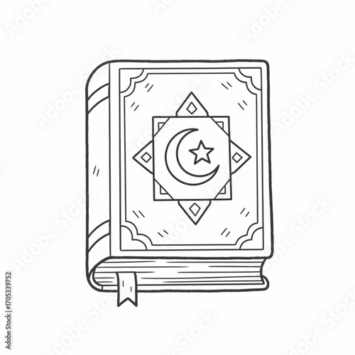 A simple line drawing of an Islamic book, featuring a crescent moon and star design.