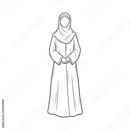 Line drawing of a woman in a traditional Muslim abaya and hijab.