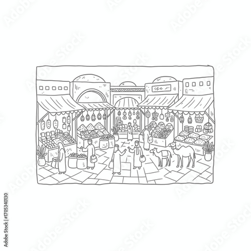 Illustration of a bustling Middle Eastern marketplace with vendors, customers, goods, and camels under awnings.