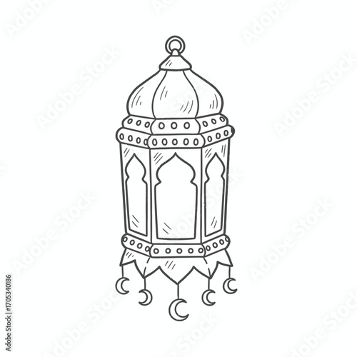 Detailed black and white illustration of an ornate lantern, featuring crescent moons.