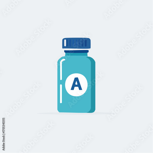 Teal Medicine Bottle with Capital Letter A Label.