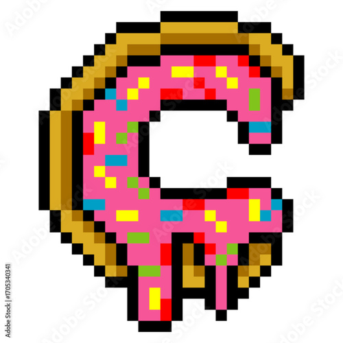 Pink glazed donut dripping in pixel art style