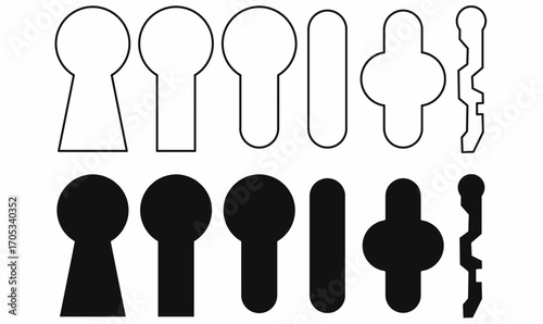 Set of keyhole or keyway icons in outline and silhouette style, various lock shapes for security, privacy, safety, access, protection, password, and key design concepts.