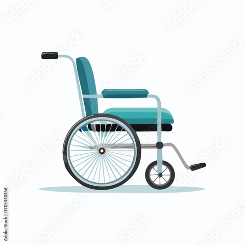 TealColored Wheelchair with Metal Frame and Wheels.