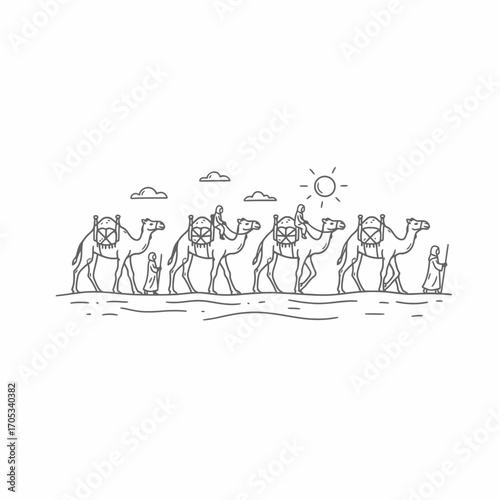 A line drawing of a camel caravan traveling across a desert landscape.