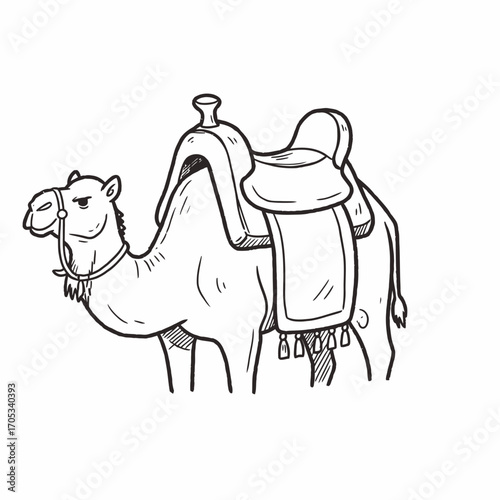 A hand-drawn illustration of a camel, saddled and ready for travel.