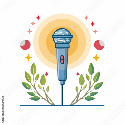 Vibrant Microphone Illustration with Floral Accents.