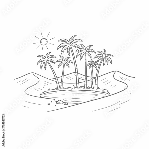 A black and white illustration of an oasis with palm trees and the sun.