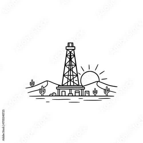 Desert oil derrick at sunrise, minimalist line art illustration.