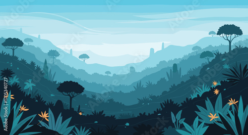 A serene pixel art landscape unfolds with rolling hills and lush vegetation in shades of blue and green.