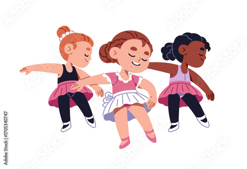 Group of cute little ballerinas performs. Diverse kids ballet dancers are learning poses. Happy children in tutu dance in studio together. Flat isolated vector illustration on white background