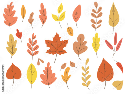 Collection of colorful autumn leaves. Flat Vector illustration isolated on white background