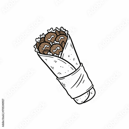 A hand-drawn illustration of a delicious shawarma wrap filled with meat and vegetables, ready to eat.