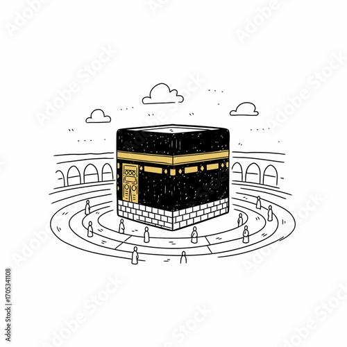 Simple line drawing of the Kaaba, surrounded by pilgrims in a circular path.